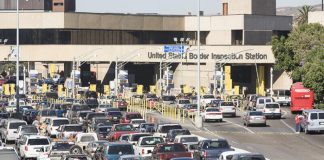 Vehicles in line to cross at the San Ysidro border crossing in San Diego, California.