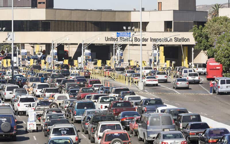 Vehicles in line to cross at the San Ysidro border crossing in San Diego, California.