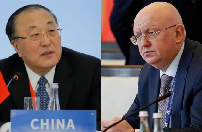 China's representative to the UN, Zhang Jun, and Russia's UN representative, Vasily Nebenzya