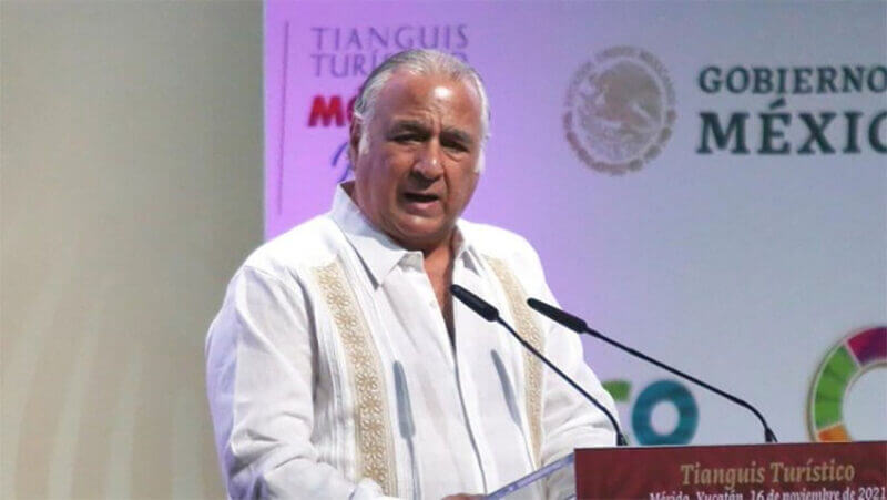 Tourism Minister Miguel Torruco speaks at the Tianguis Turistico.