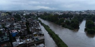 An aerial view of the overflowing Tula River.