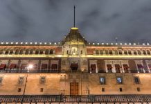 The National Palace of Mexico illuminated at night