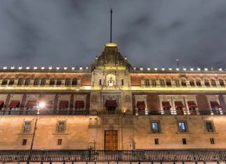 The National Palace of Mexico illuminated at night