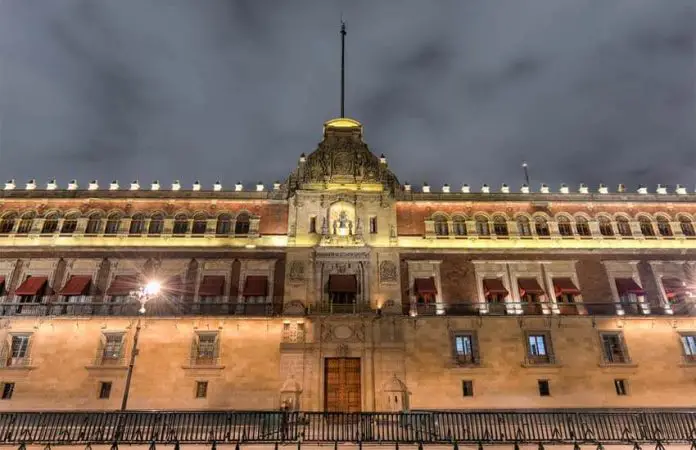 The National Palace of Mexico illuminated at night