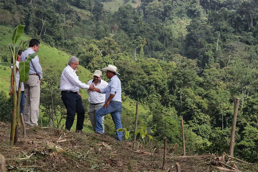 AMLO, standing on a hillside planted with tree saplings, shakes hands with a man in a cowboy hat and jeans