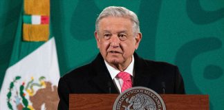 President López Obrador speaks at his Monday morning press conference.