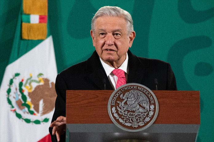 President López Obrador speaks at his Monday morning press conference.