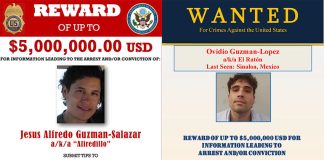 Wanted posters for Jesús Alfredo Guzmán Salazar and Ovidio Guzmán López, two of drug lord Joaquín “El Chapo” Guzmán Loera's sons.