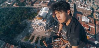 Serledios Ph at the top of the antenna on the iconic Mexico City skyscraper.