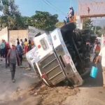 The truck lies on its side after last week's crash in Chiapas.