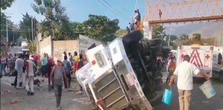 The truck lies on its side after last week's crash in Chiapas.