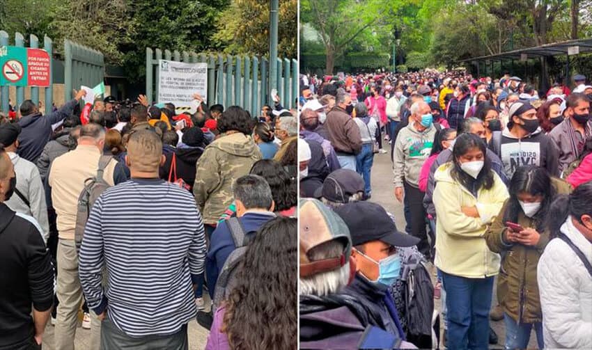 Tightly packed crowds wait for appointments, paperwork, medical attention, and information about family outside the La Raza IMSS public hospital in Mexico City.