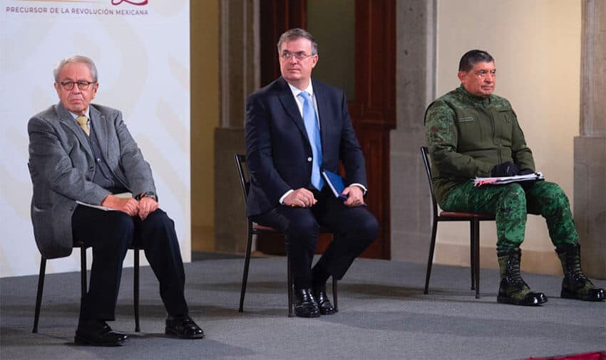 Health Minister Jorge Alcocer, Foreign Minister Marcelo Ebrard and Defense Minister Luis Cresencio Sandoval