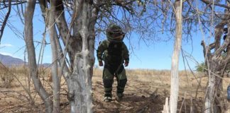soldier seeking out land mines Michoacan