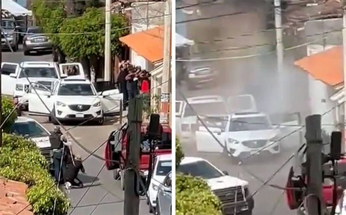 Video screenshots show the victims lined up in front of a house, before shooting started and they were engulfed in a cloud of dust.