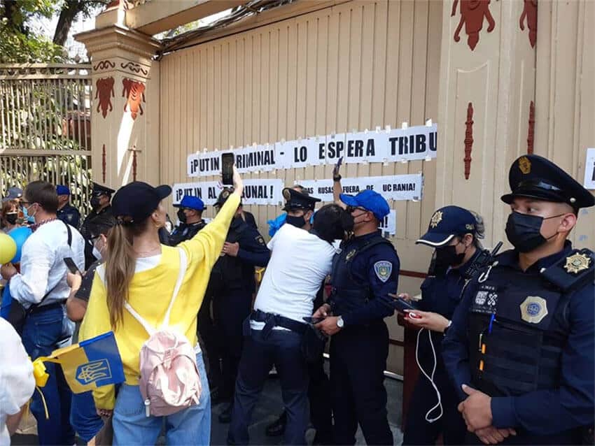 Ukrainians and supporters protest outside the Russian embassy in Mexico City on Thursday.