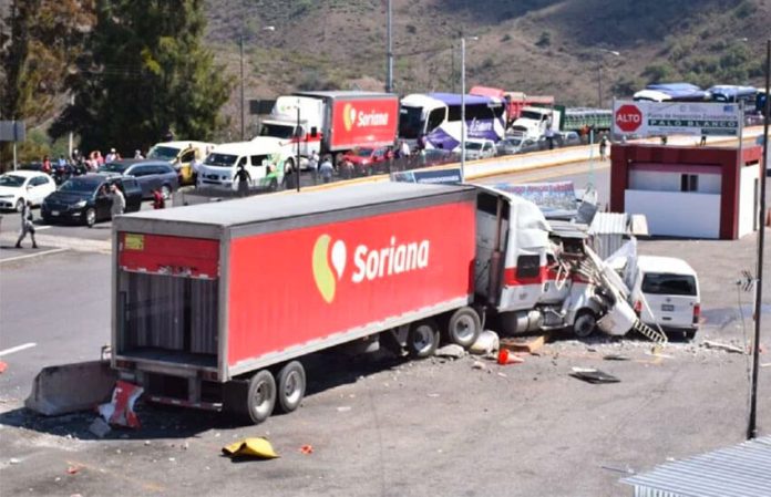 The runaway truck was brought to a halt when it collided with a food stand.