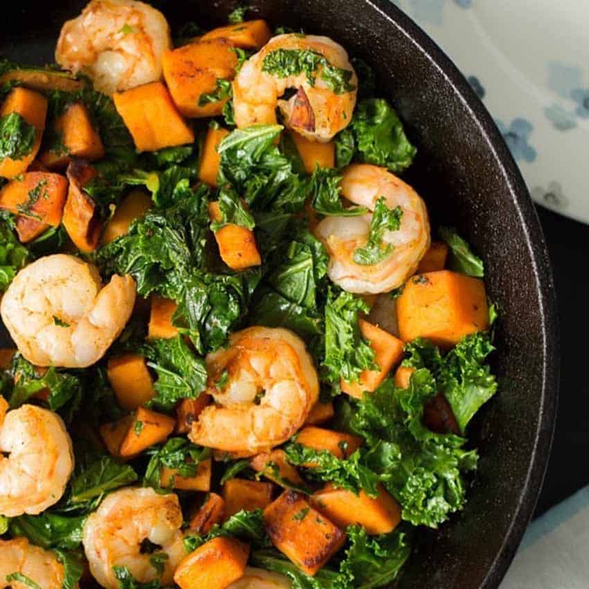 Sweet potato shrimp skillet with kale