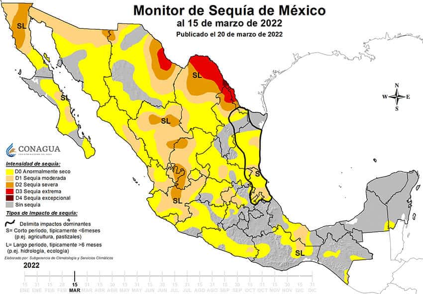 The northeastern border states have been most affected by "extreme" and "exceptional" drought (shown in red and dark red).