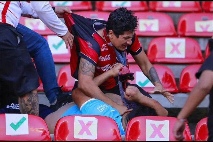 A spectator in a red Atlas jersey fights another man wearing the blue and white of the Querétaro team.