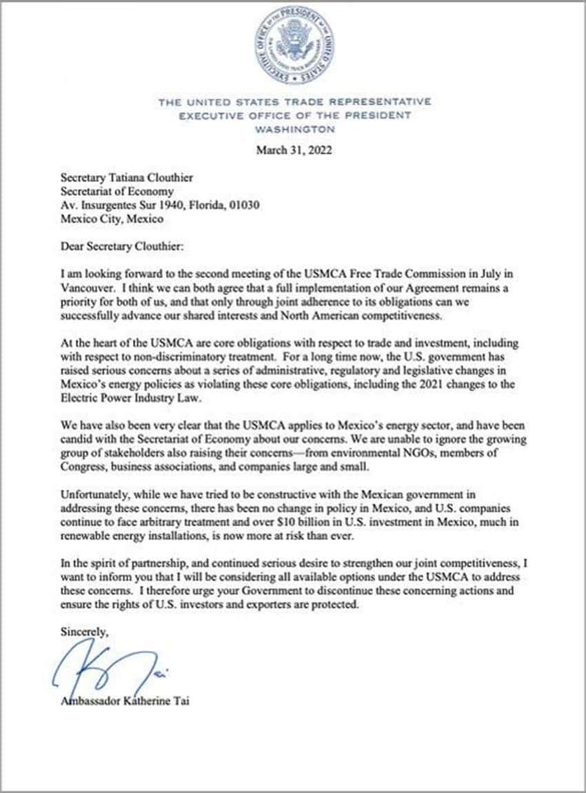 letter from USTR to Mexico