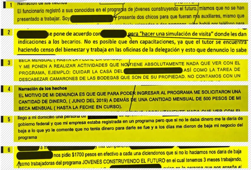 Redacted complaints about the JFC program, which <i>El Universal</i> obtained through a government transparecy request.