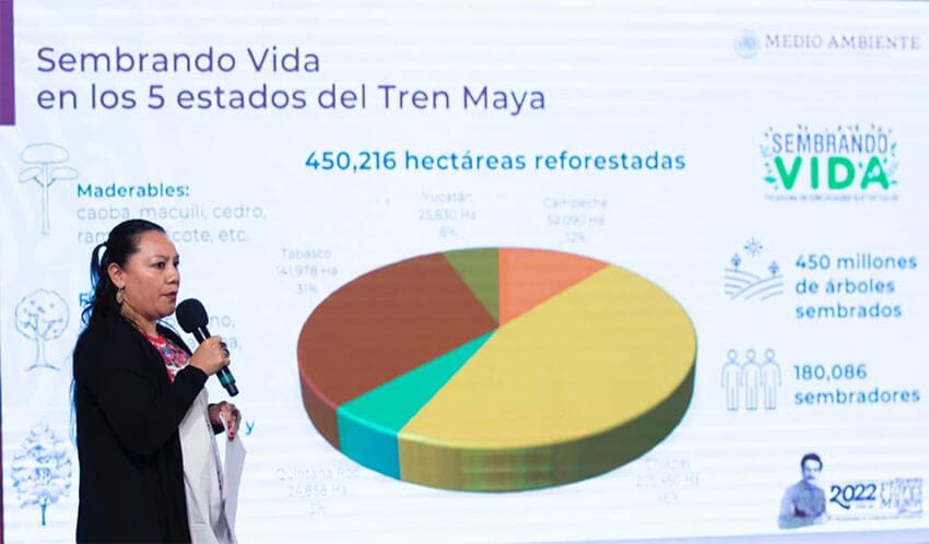 Environment Minister María Luisa Albores highlights benefits of the Maya Train on Monday.