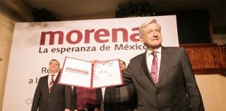 López Obrador celebrates after registering as a pre-candidate for president, in 2017.