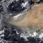 Satellite imagery shows how air currents carry dust west from Africa.