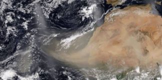 Satellite imagery shows how air currents carry dust west from Africa.