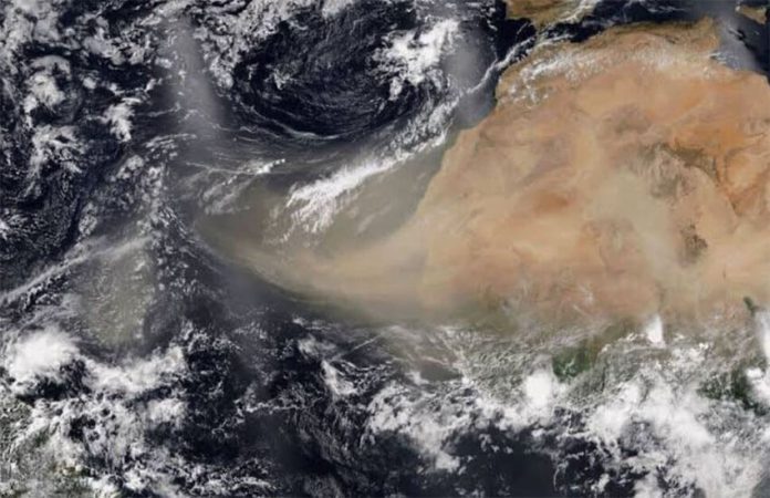 Satellite imagery shows how air currents carry dust west from Africa.