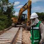 A construction crew works on a section of the Maya Train in Yucatán.