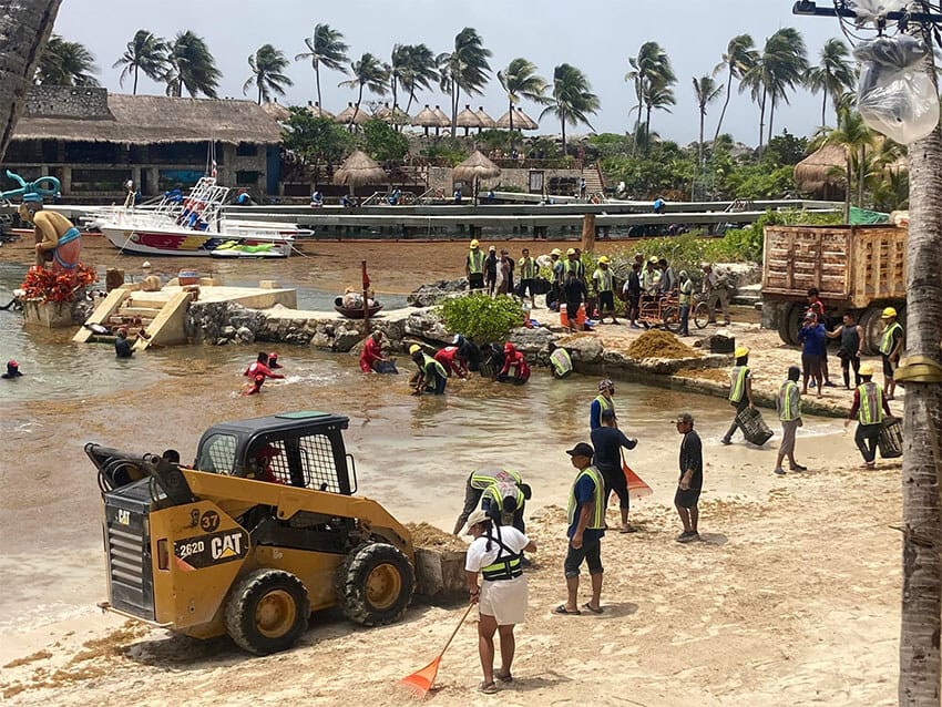 The beach area of the Xcaret theme park was closed on Sunday, as workers removed the seaweed.