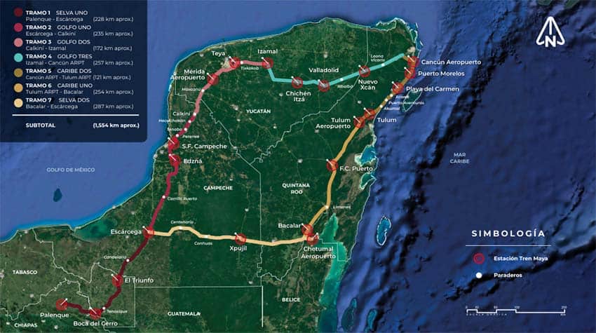 Route map of Mexico's planned Maya Train