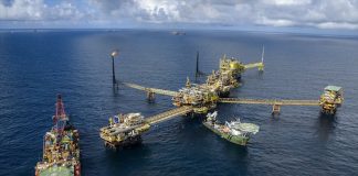 Burning methane is a common way to avoid emitting the gas into the atmosphere, as can be seen at this Pemex processing center off the coast of Campeche