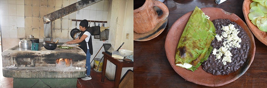 Left: A cook at work in the kitchen over a wood-fired stove. Right: eggs cooked in banana leaves, black beans and roasted chayote.