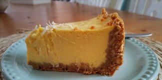 Blending fresh mango into the cheesecake batter gives it a delicate color and luscious flavor.