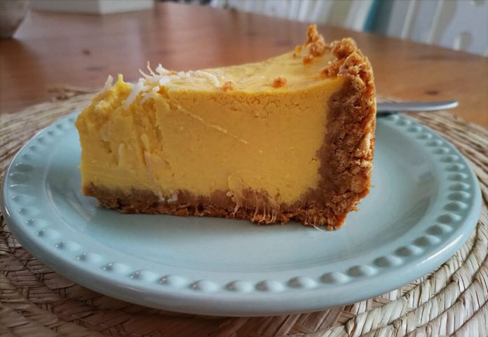Blending fresh mango into the cheesecake batter gives it a delicate color and luscious flavor.
