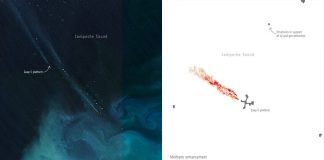 Satellite imagery of the Zaap-C methane plume (left) and the researchers' analysis of how much methane was present (right).