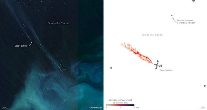 Satellite imagery of the Zaap-C methane plume (left) and the researchers' analysis of how much methane was present (right).