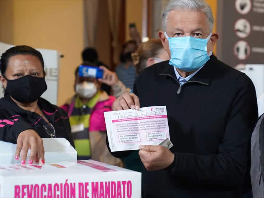 López Obrador at April's presidential recall referendum. The president purposely invalidated his vote by writing "Long live Zapata!" across the ballot.