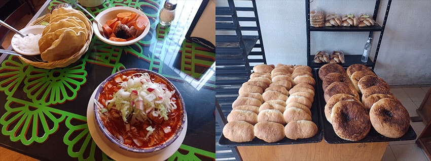 Left: pozole rojo at <a href=”https://www.facebook.com/antojitoselpozole/”>Antojitos El Pozole</a>, a popular local chain eatery. Right: various versions of pulque bread from Pan de Pulque Casero. 
