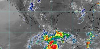A radar image of cloud cover on July 4 at 9:40 a.m. shows Hurricane Bonnie off the Pacific coast of Mexico.