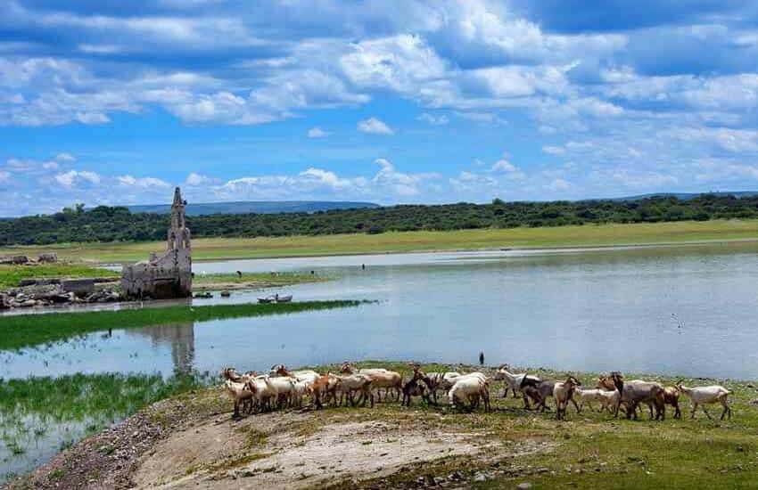 Sunken chapel at Allende dam, San Miguel de Allende, Mexico