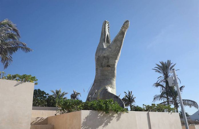 dinosaur statue at Metorite Museum, Progreso, Yucatan