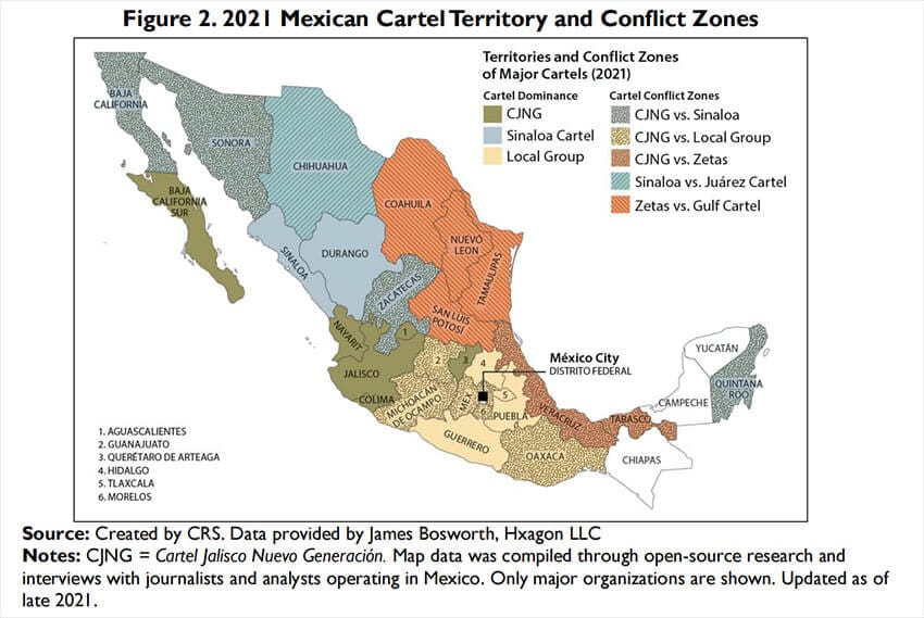A map of cartel-controlled areas and zones of conflict in Mexico, compiled by the U.S. Congressional Research Service.