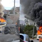 A burning car and trailer block the road in two side-by-side photos