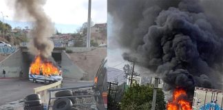 A burning car and trailer block the road in two side-by-side photos