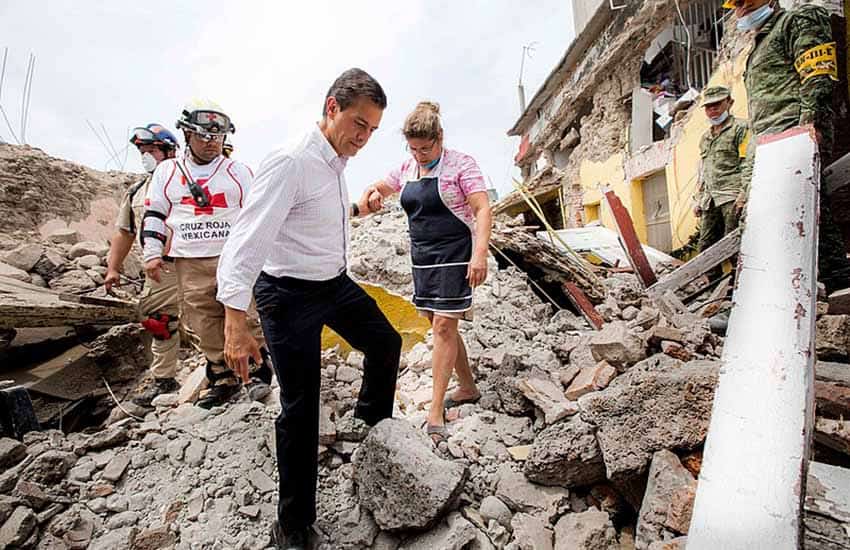 former President Enrique Pena Nieto viewing 2017 earthquake damage in Morelos