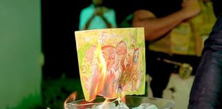 original Frida Kahlo drawing being burned by Martin Mobarak